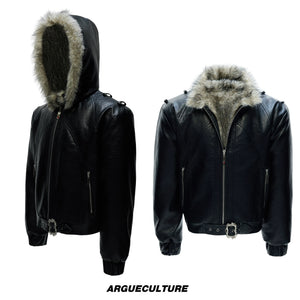Oversized Hooded Faux Leather Jacket With Zip Front - Black Top with Detachable Hood