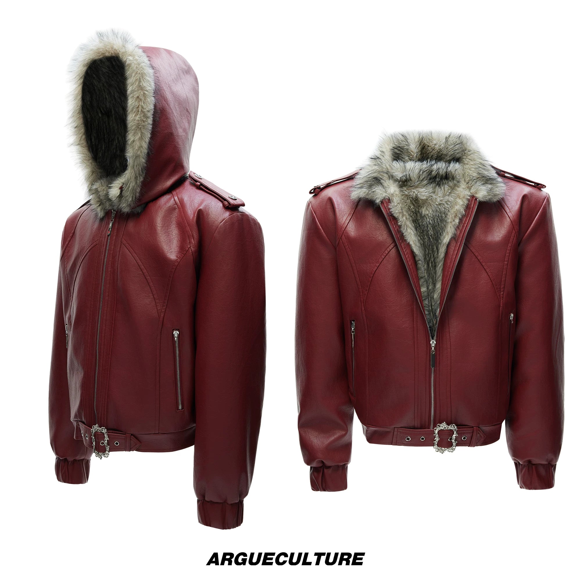Oversized Hooded Faux Leather Jacket With Zip Front - Red Top with Detachable Hood
