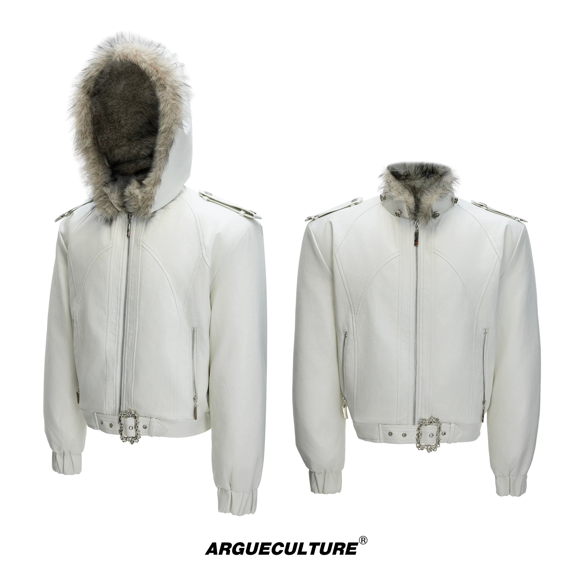 Oversized Hooded Faux Leather Jacket With Zip Front - White Top with Detachable Hood
