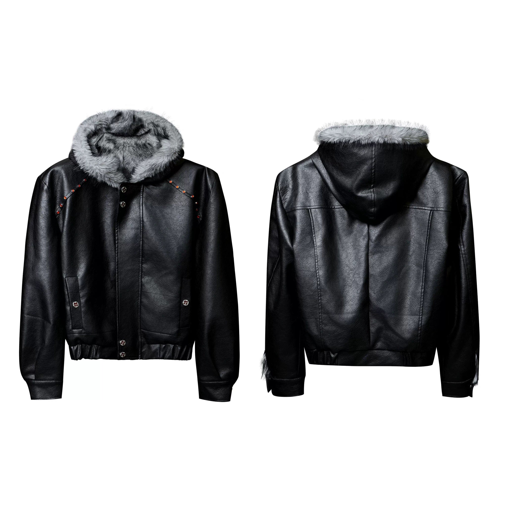 Oversized Hooded Faux Leather Jacket With Zip Front - Black Top