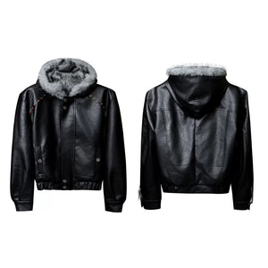 Oversized Hooded Faux Leather Jacket With Zip Front - Black Top