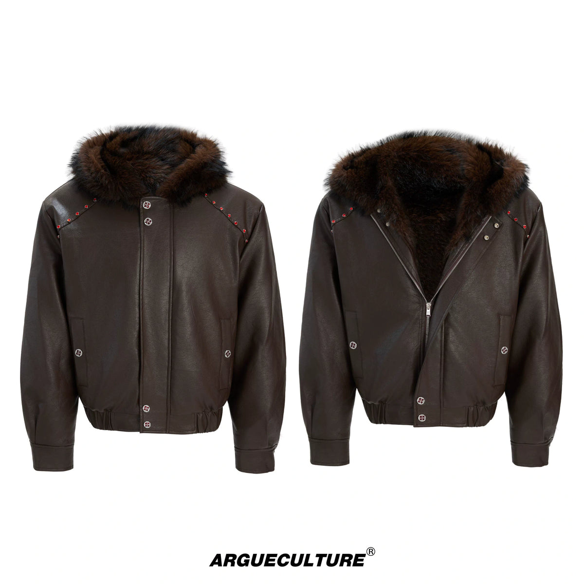 Oversized Hooded Faux Leather Jacket With Zip Front - Brown Top