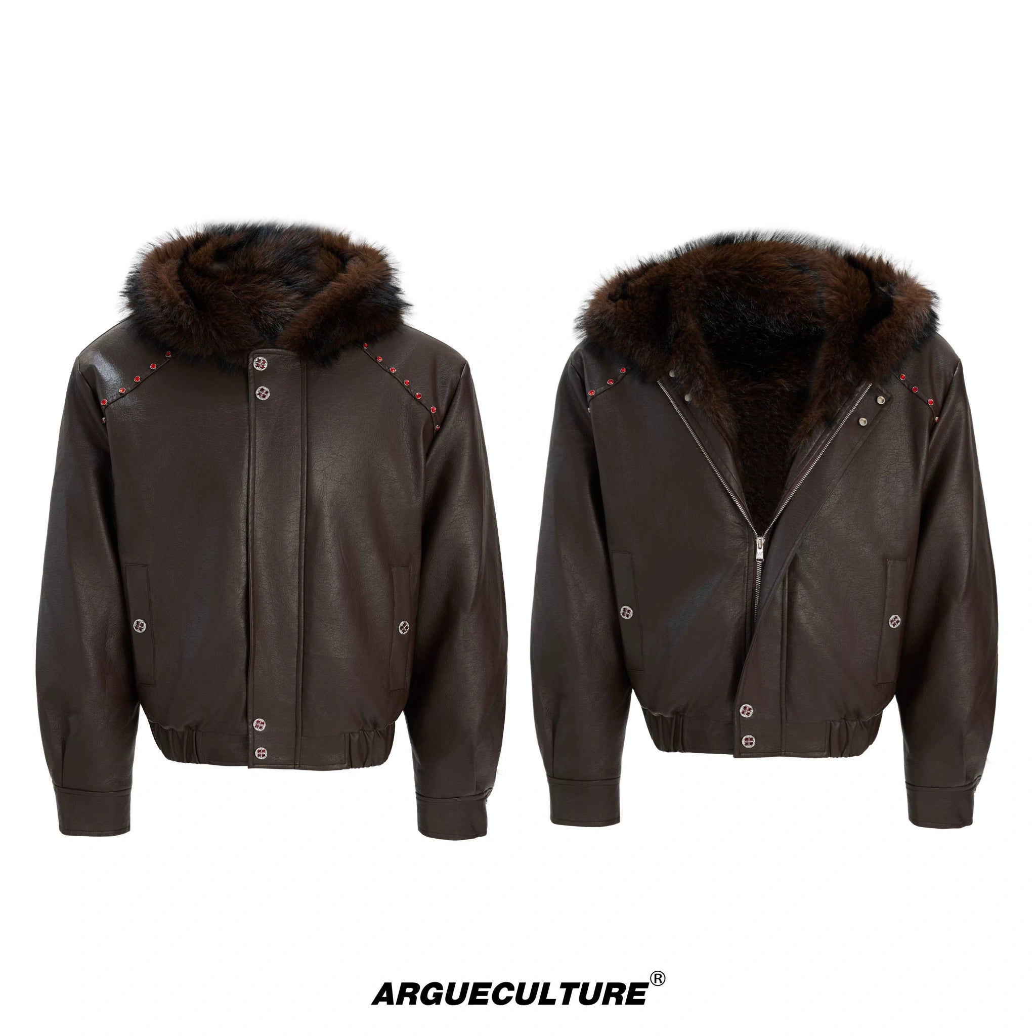 Oversized Hooded Faux Leather Jacket With Zip Front - Brown Top