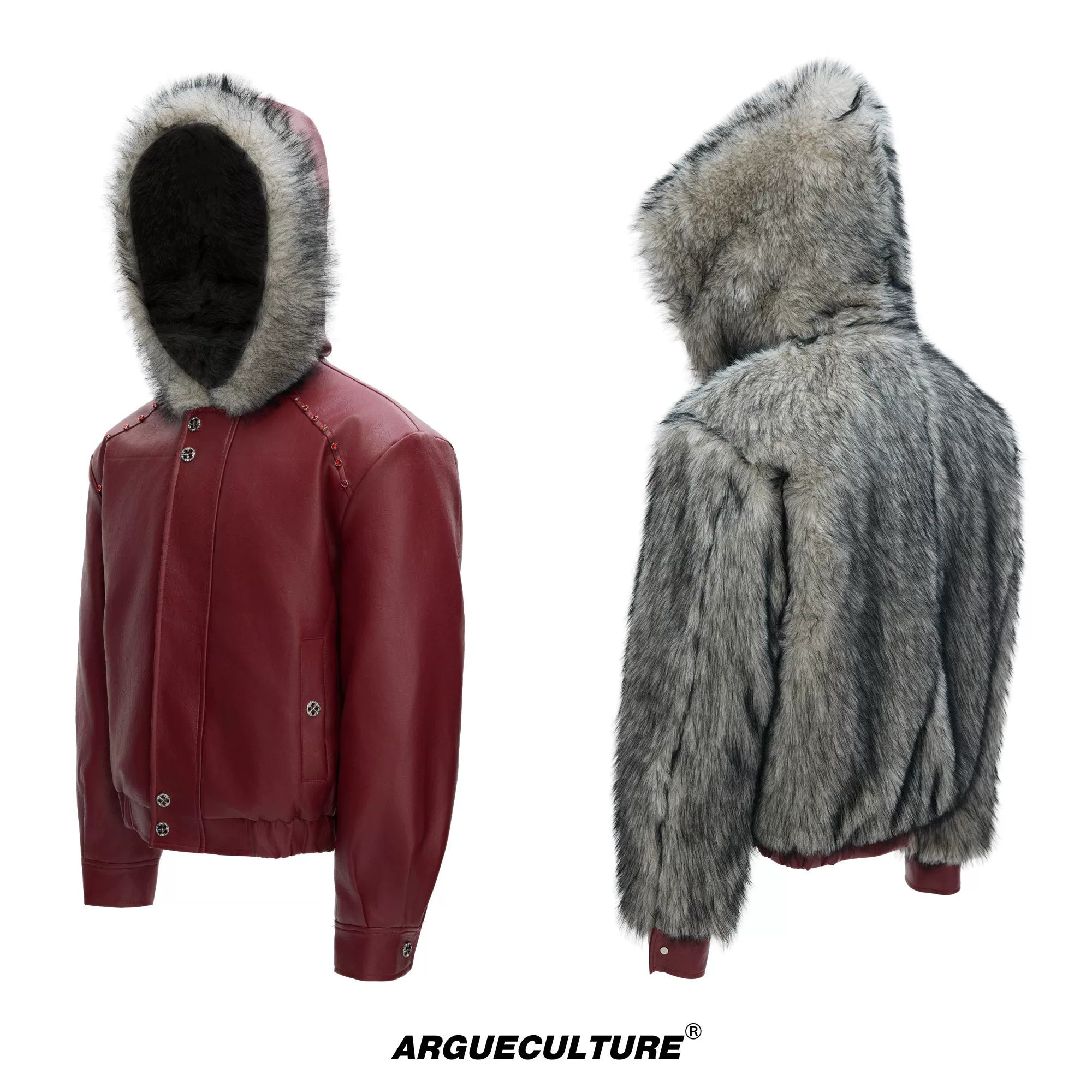 Oversized Hooded Faux Leather Jacket With Zip Front - Red Top