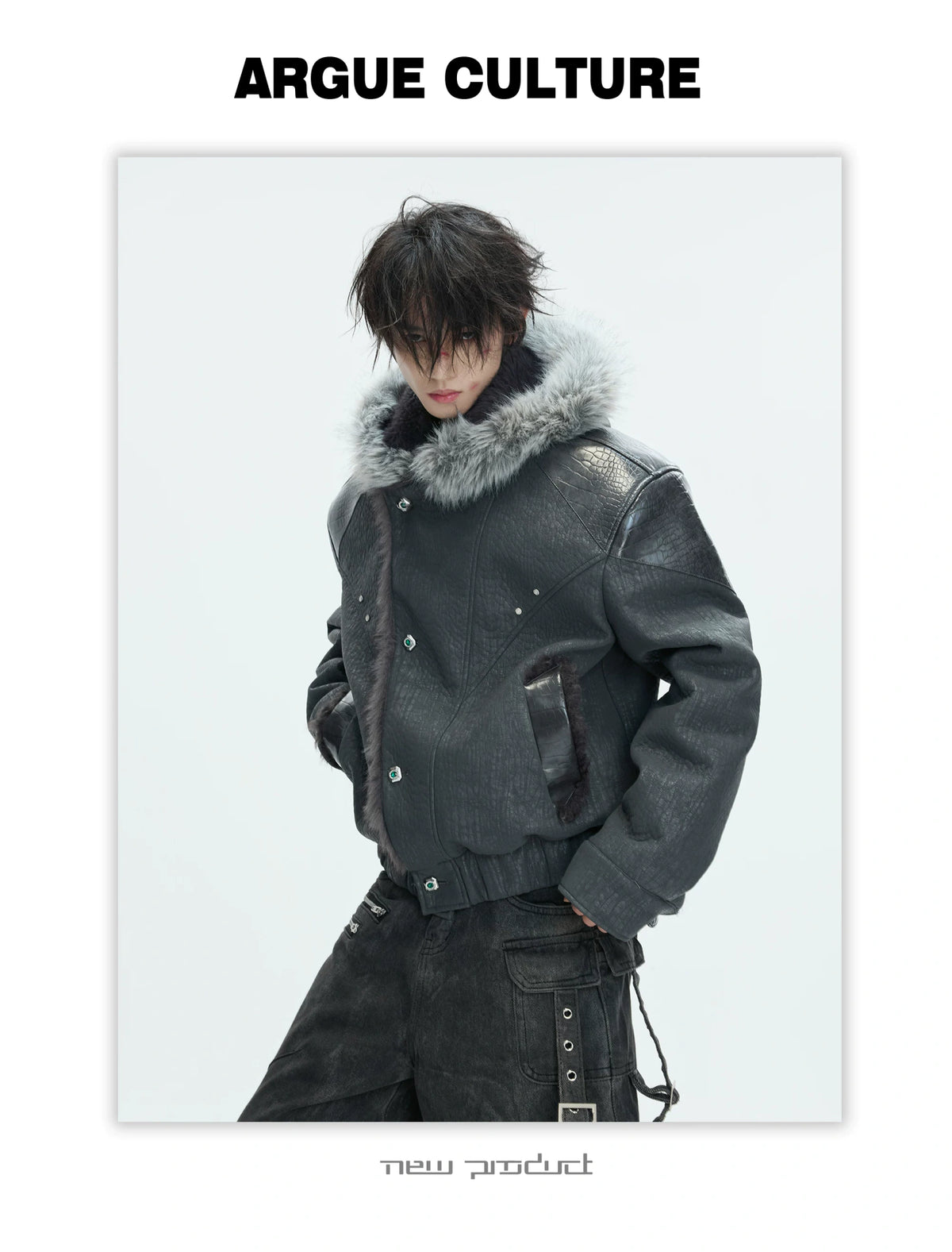 Marbled Faux Wolf-Fur Collar Jacket for Streetwear - description image 4