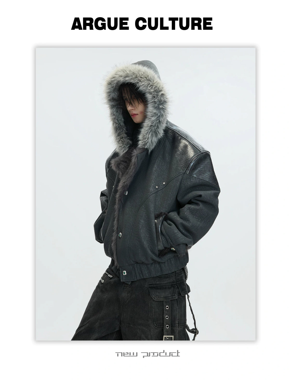 Marbled Faux Wolf-Fur Collar Jacket for Streetwear - description image 17