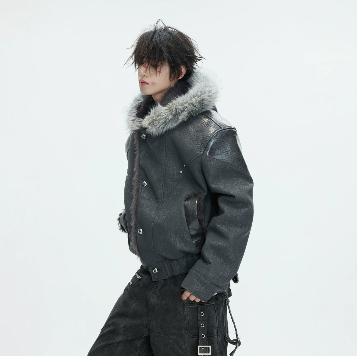 Marbled Faux Wolf-Fur Collar Jacket for Streetwear - main image 3