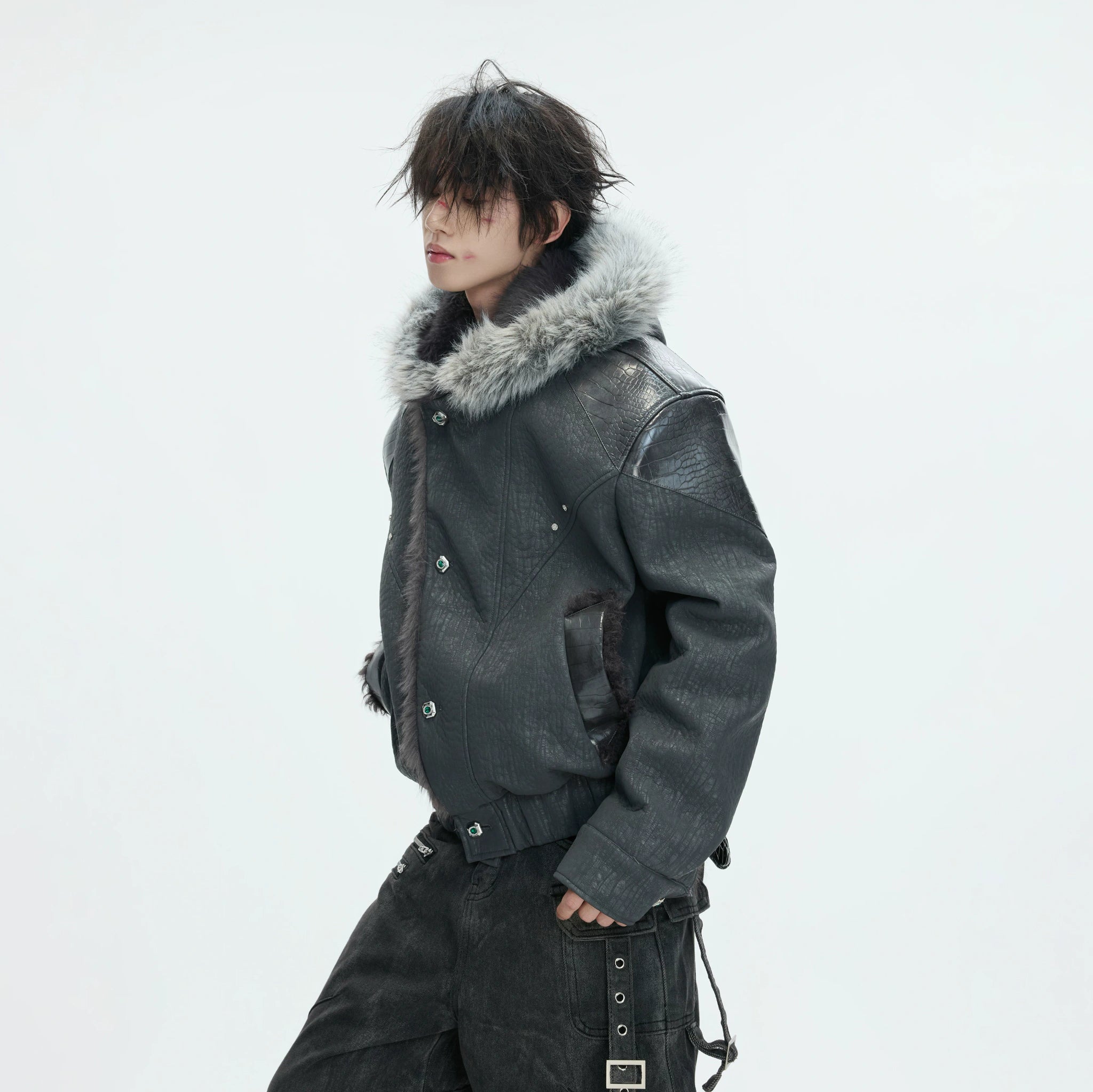 Marbled Faux Wolf-Fur Collar Jacket for Streetwear - main image 3