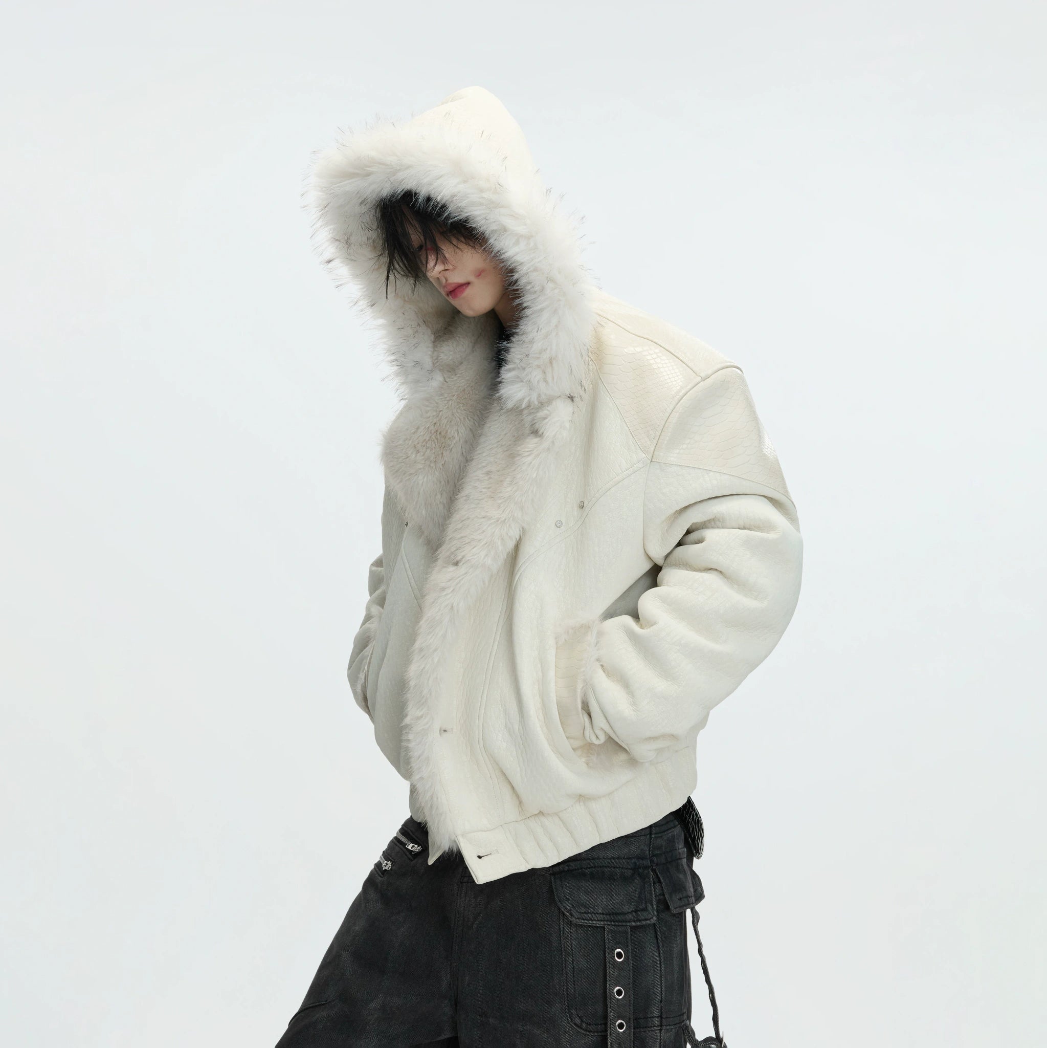 Marbled Faux Wolf-Fur Collar Jacket for Streetwear - main image 4