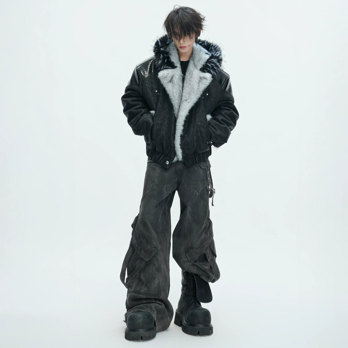 Marbled Faux Wolf-Fur Collar Jacket for Streetwear - main image 5