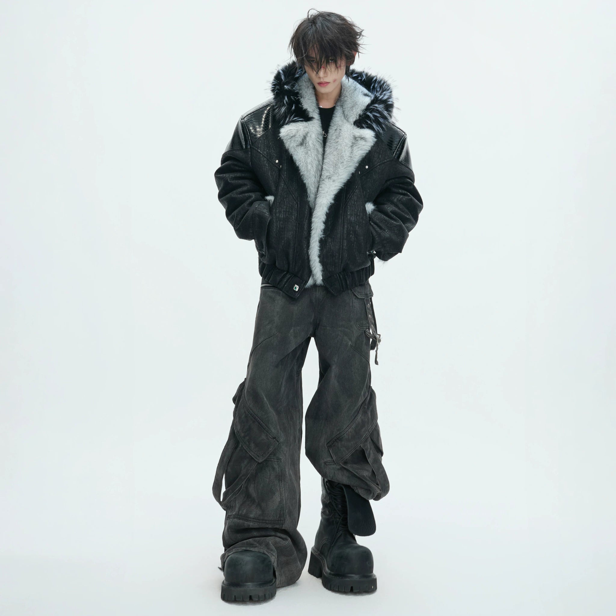 Marbled Faux Wolf-Fur Collar Jacket for Streetwear - main image 5