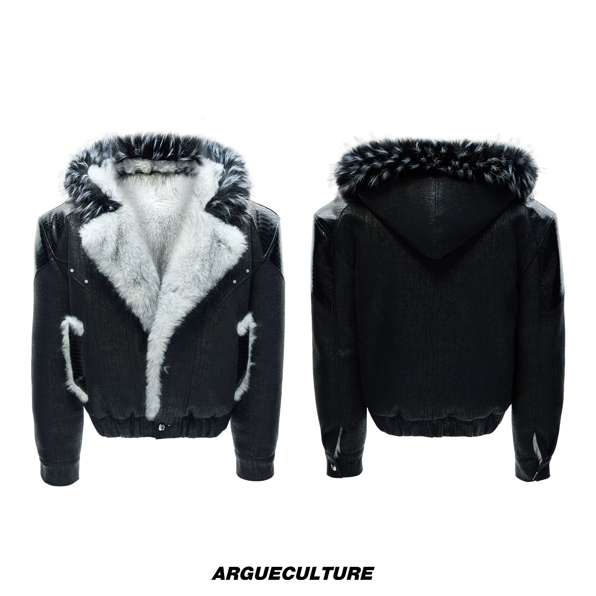 Marbled Faux Wolf-Fur Collar Jacket for Streetwear - Black Top