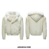 Marbled Faux Wolf-Fur Collar Jacket for Streetwear - White Top