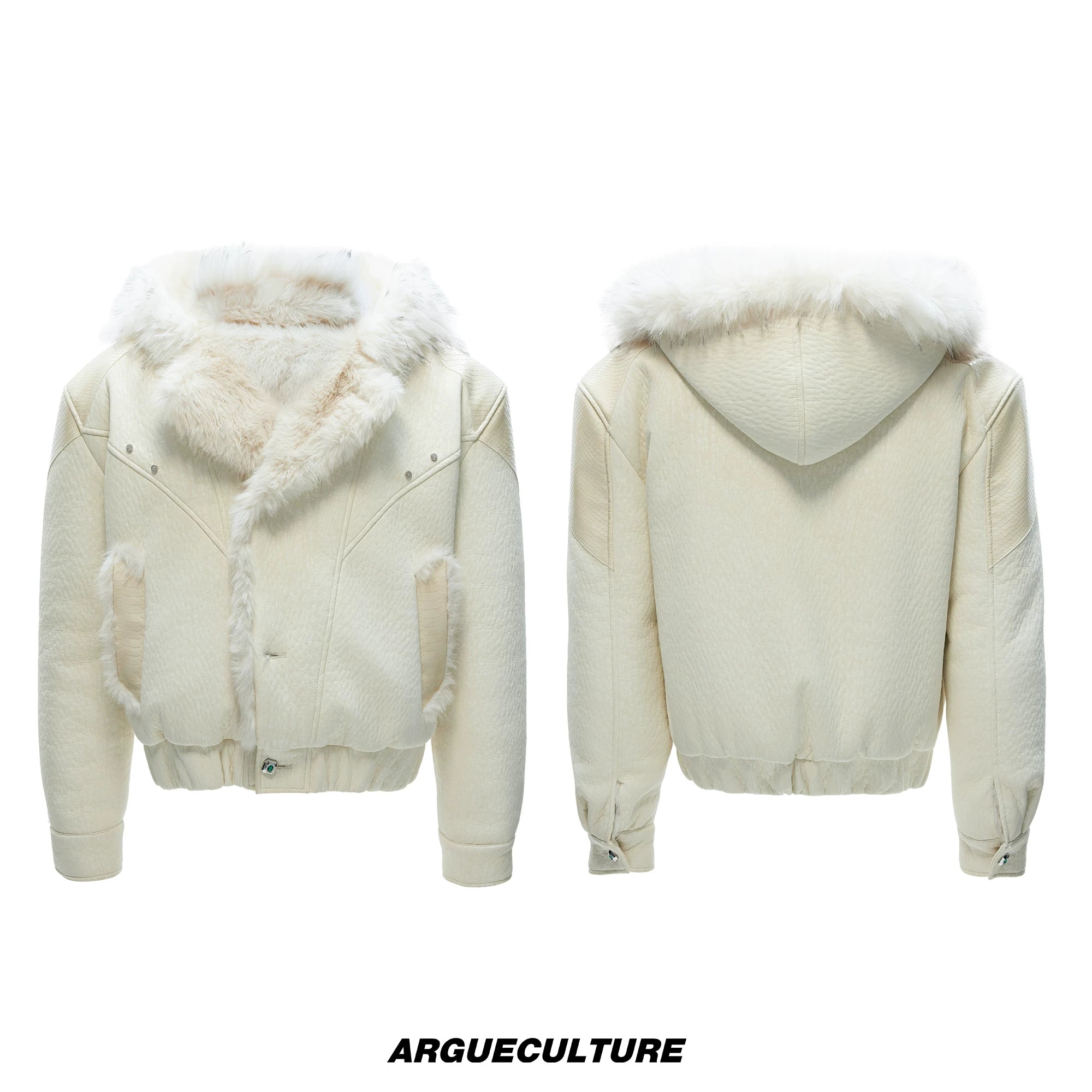 Marbled Faux Wolf-Fur Collar Jacket for Streetwear - White Top