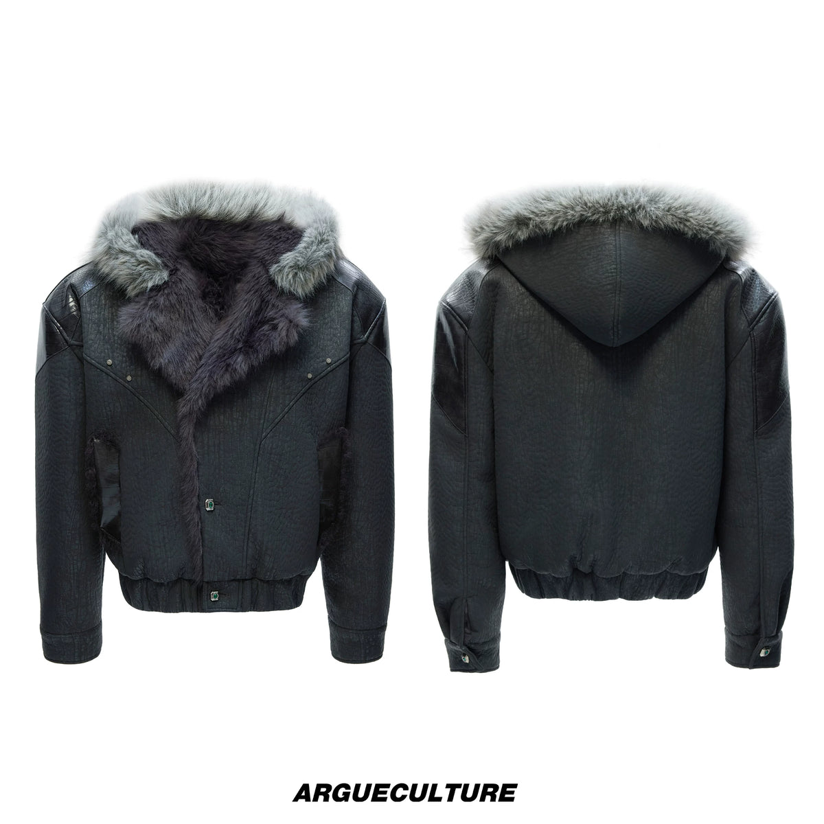 Marbled Faux Wolf-Fur Collar Jacket for Streetwear - Gray Top