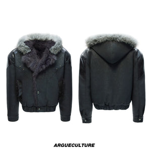 Marbled Faux Wolf-Fur Collar Jacket for Streetwear - Gray Top