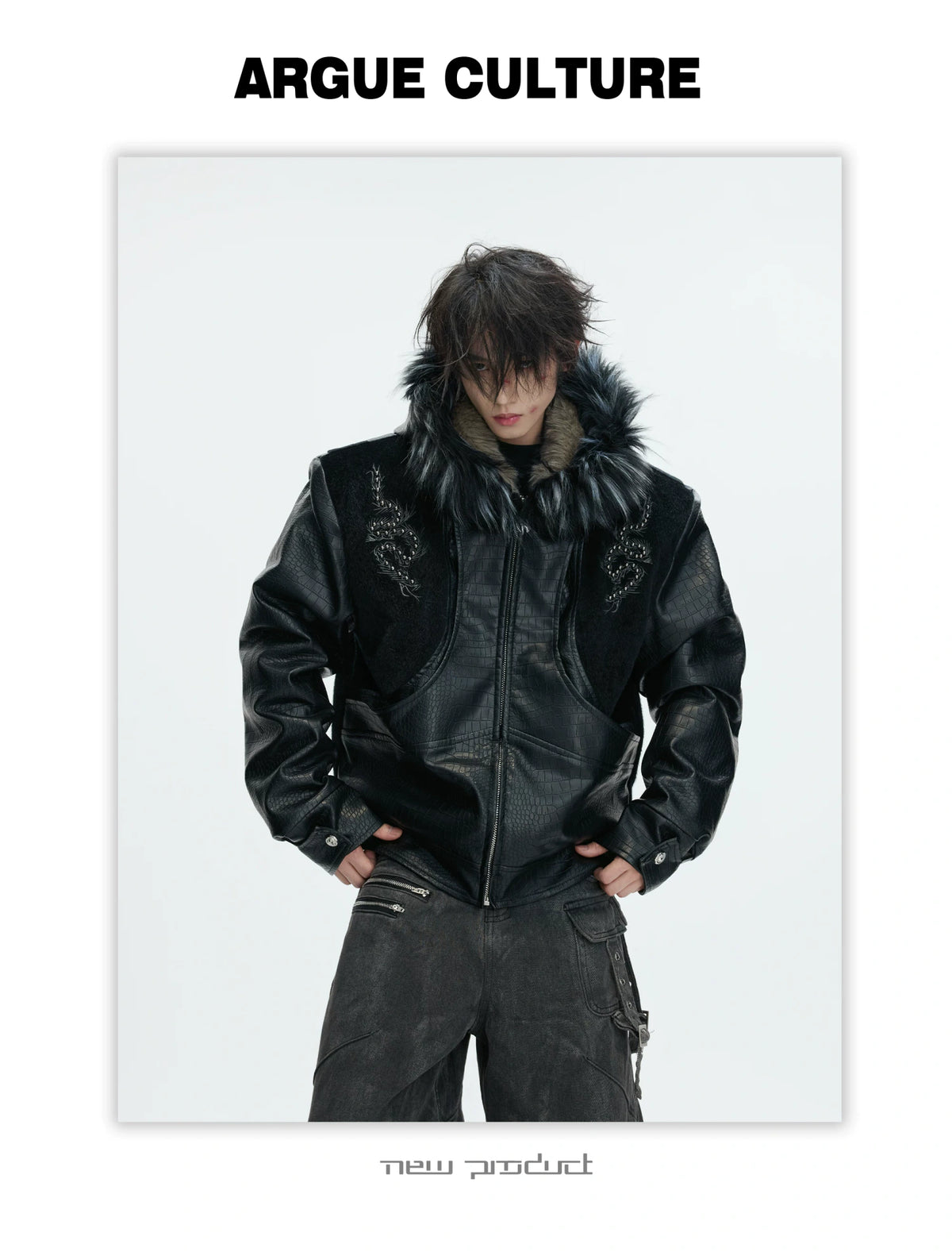 Crocodile-Textured Hooded Padded Jacket | Loose Fit - description image 8