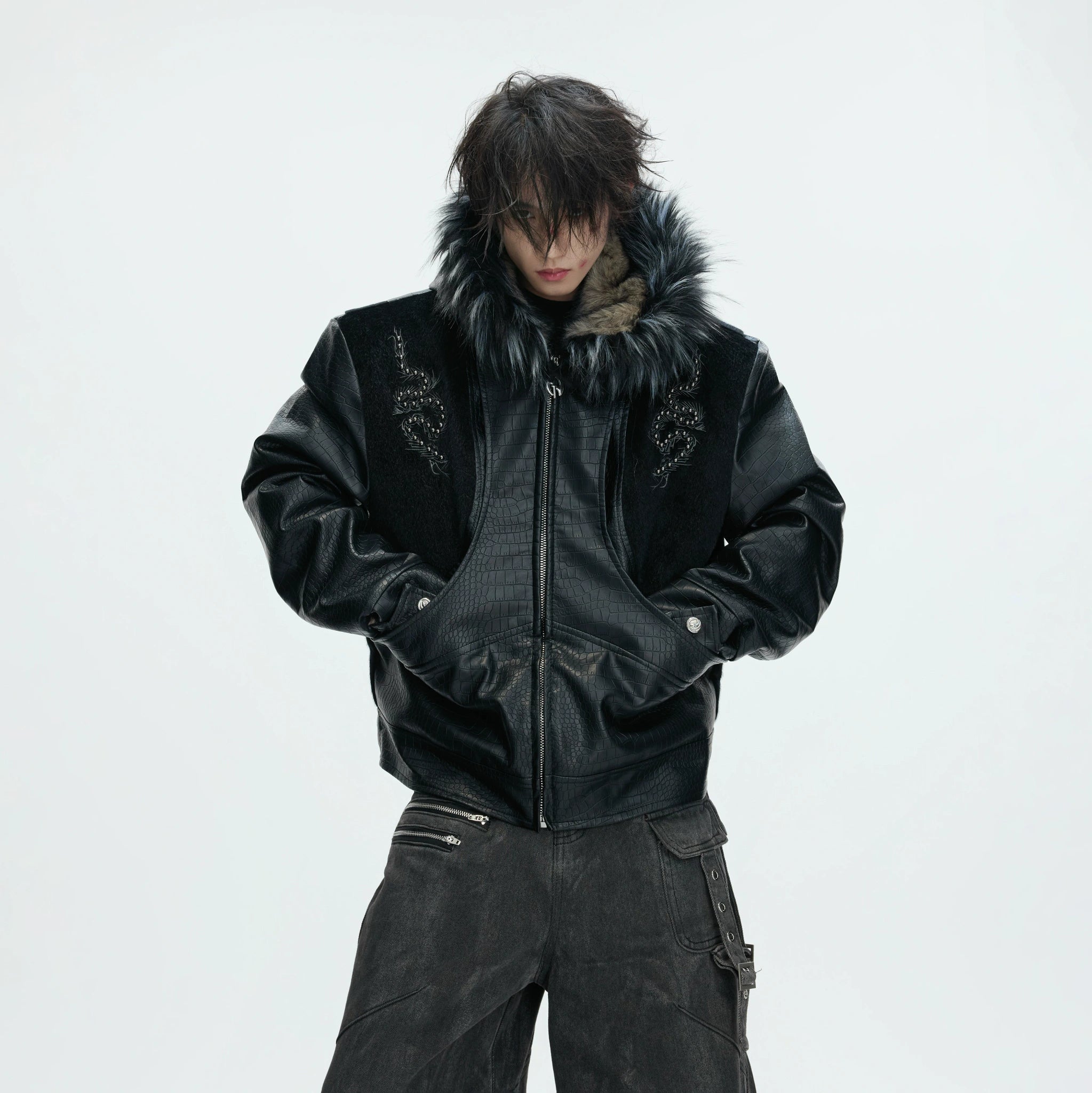 Crocodile-Textured Hooded Padded Jacket | Loose Fit - main image 3