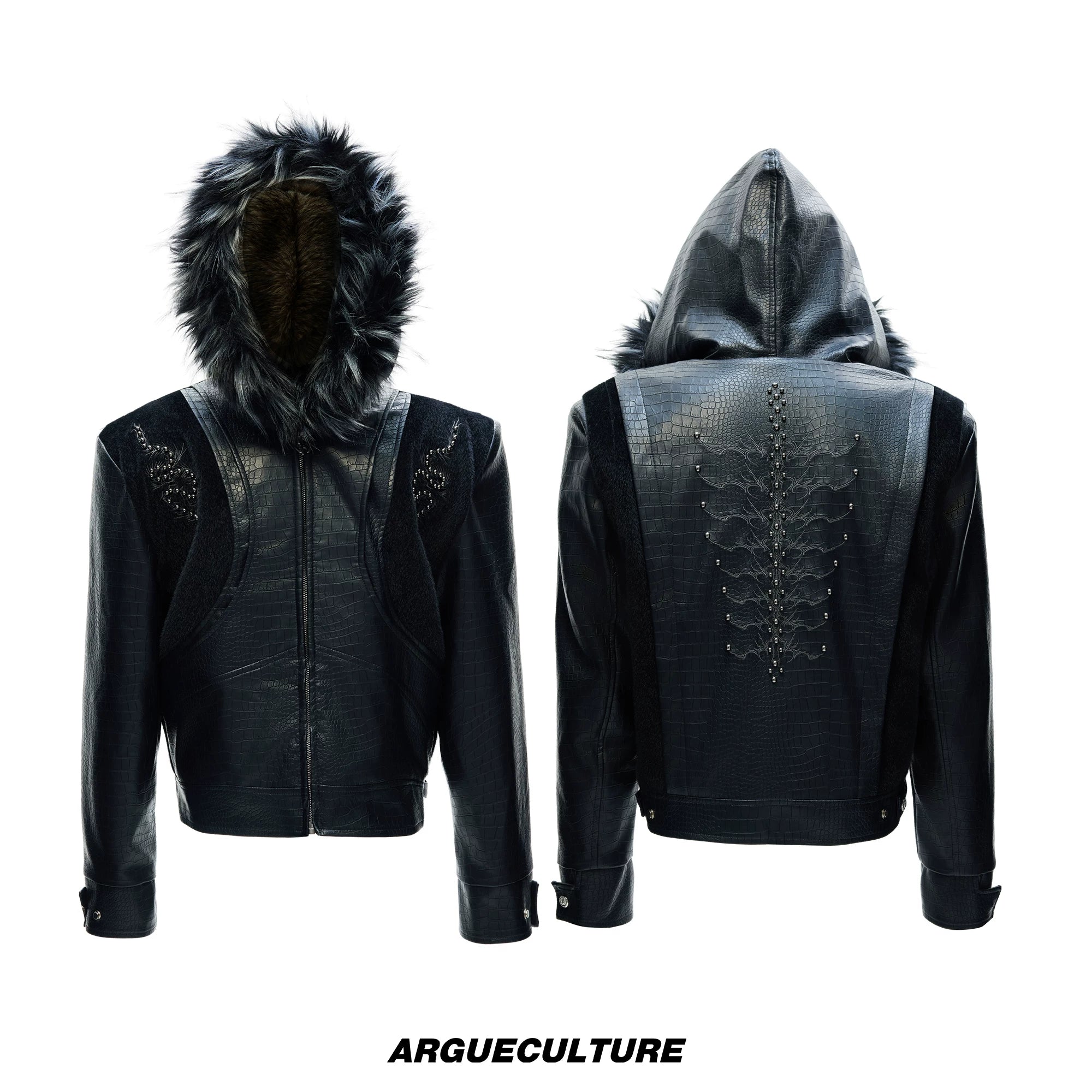 Crocodile-Textured Hooded Padded Jacket | Loose Fit - Black Top