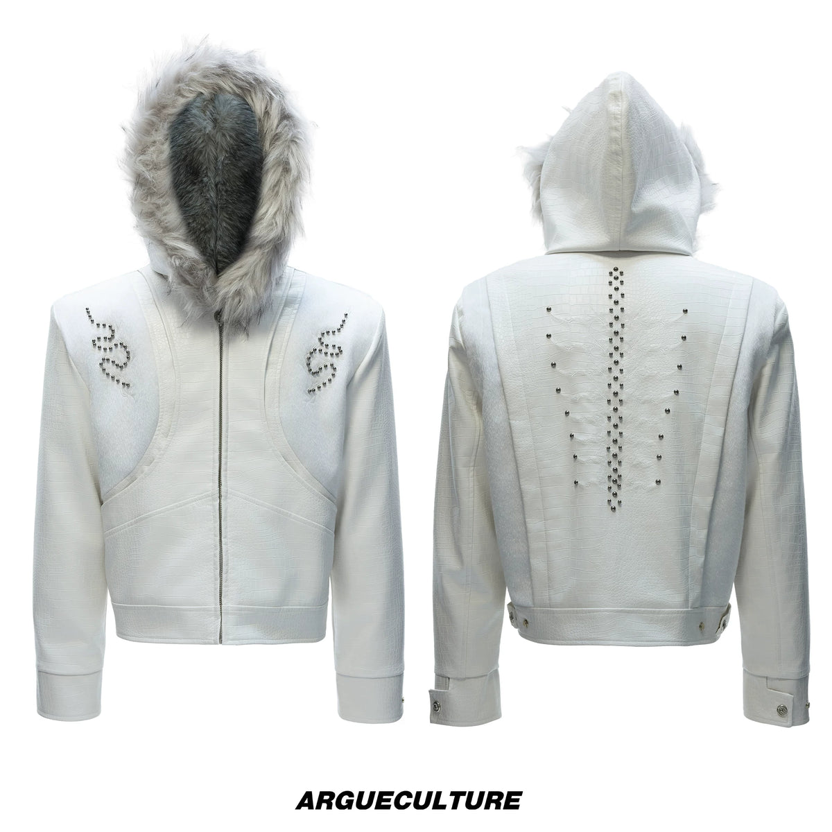 Crocodile-Textured Hooded Padded Jacket | Loose Fit - White Top