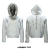 Crocodile-Textured Hooded Padded Jacket | Loose Fit - White Top