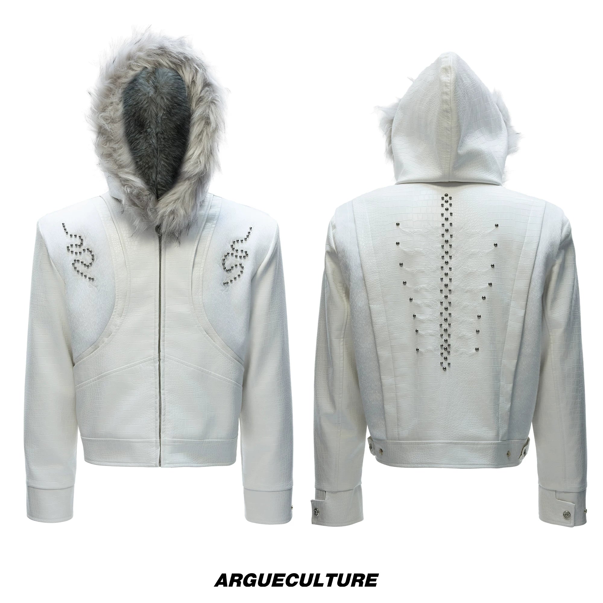 Crocodile-Textured Hooded Padded Jacket | Loose Fit - White Top