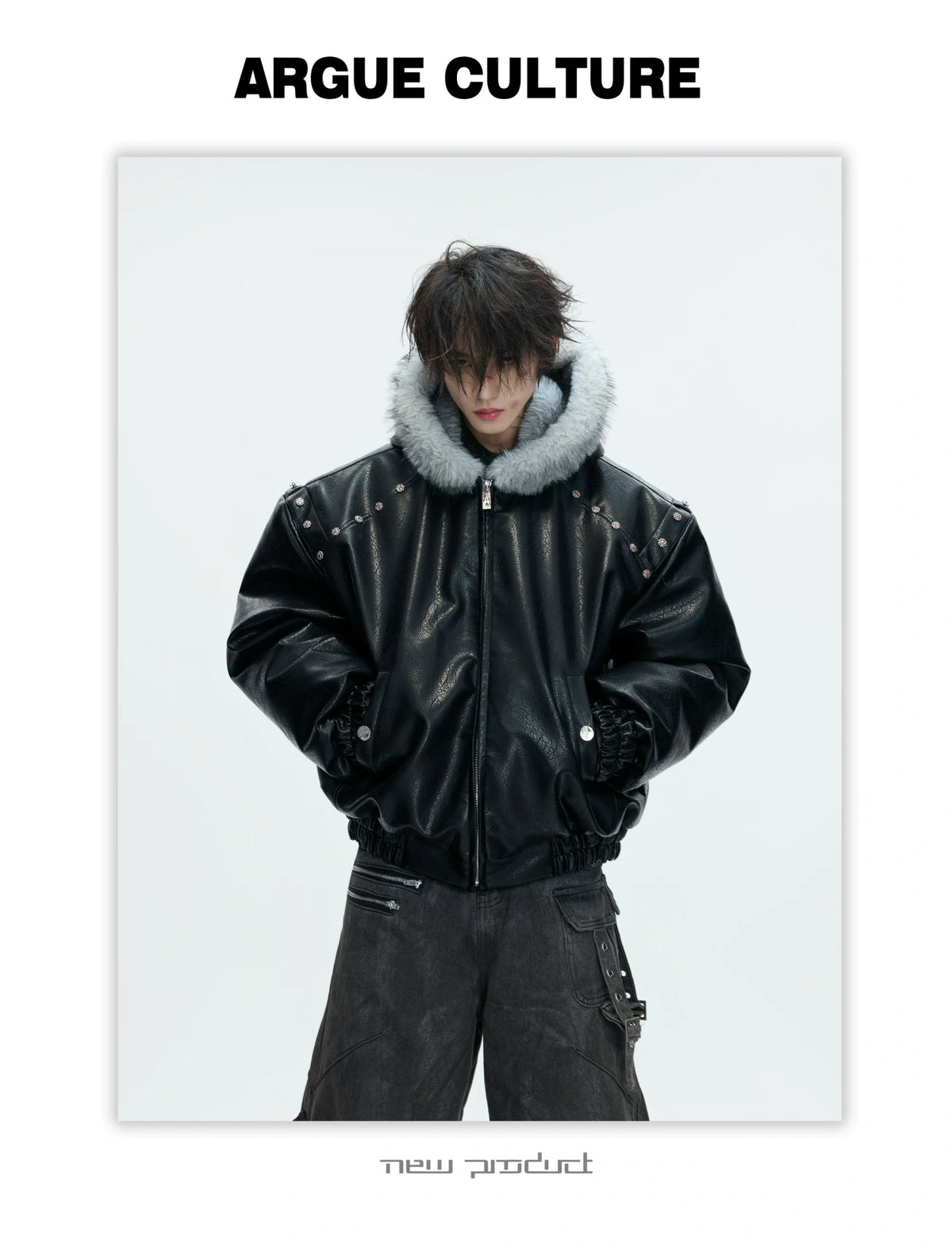 Relaxed Black Faux Leather Hooded Jacket - description image 1