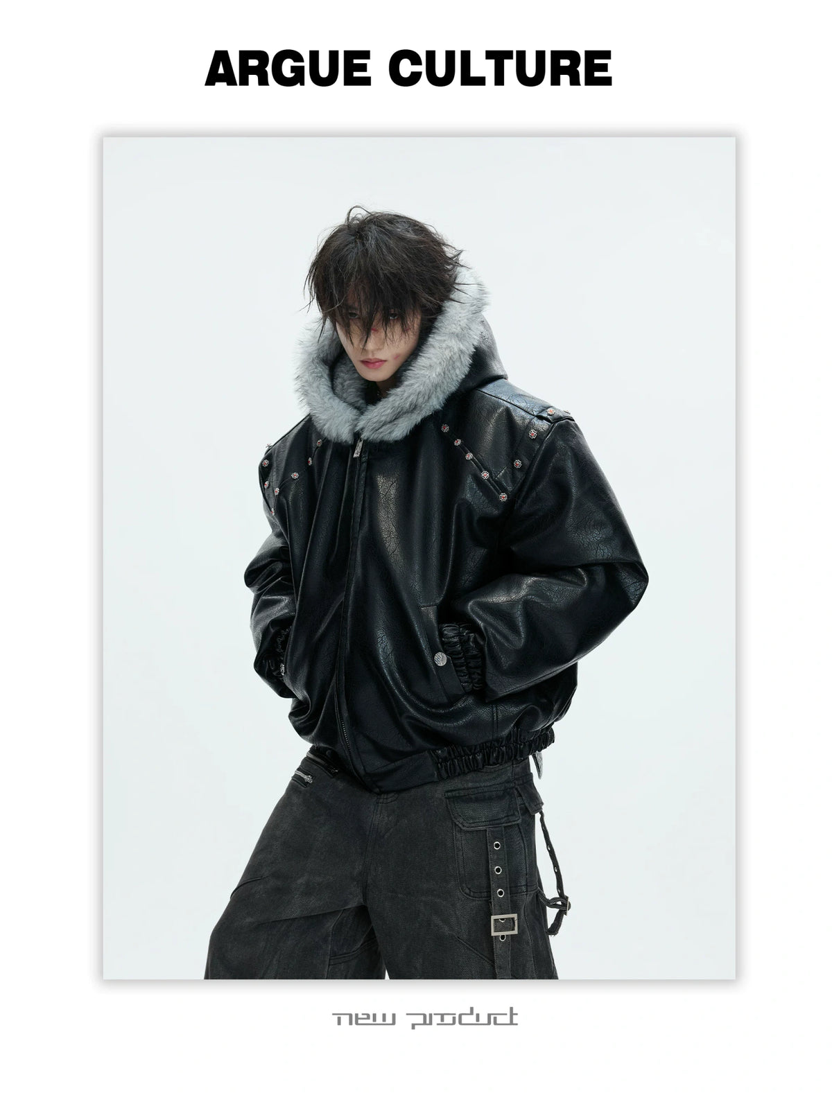 Relaxed Black Faux Leather Hooded Jacket - description image 2