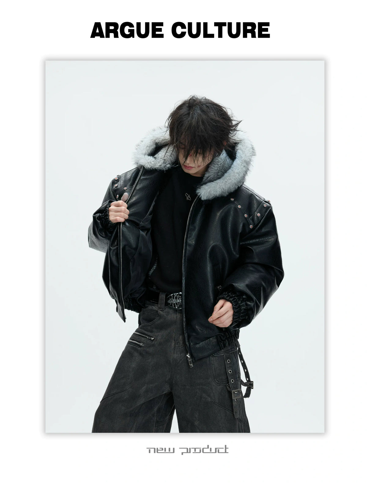 Relaxed Black Faux Leather Hooded Jacket - description image 3