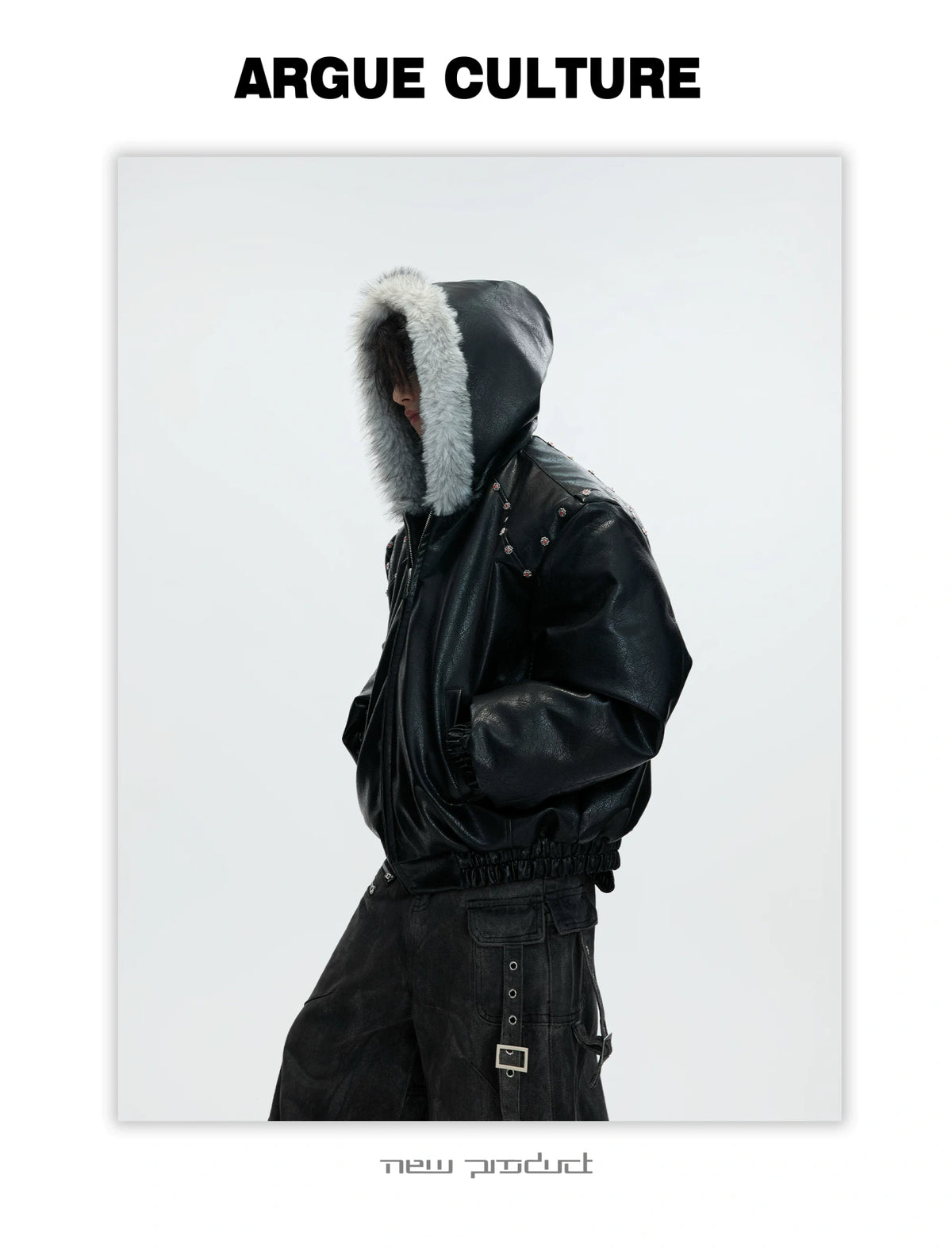 Relaxed Black Faux Leather Hooded Jacket - description image 11