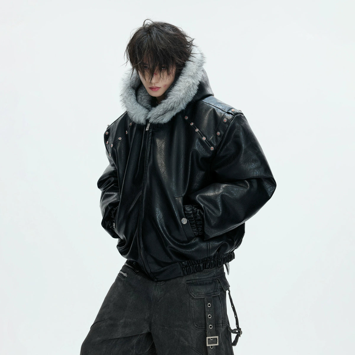 Relaxed Black Faux Leather Hooded Jacket - main image 1