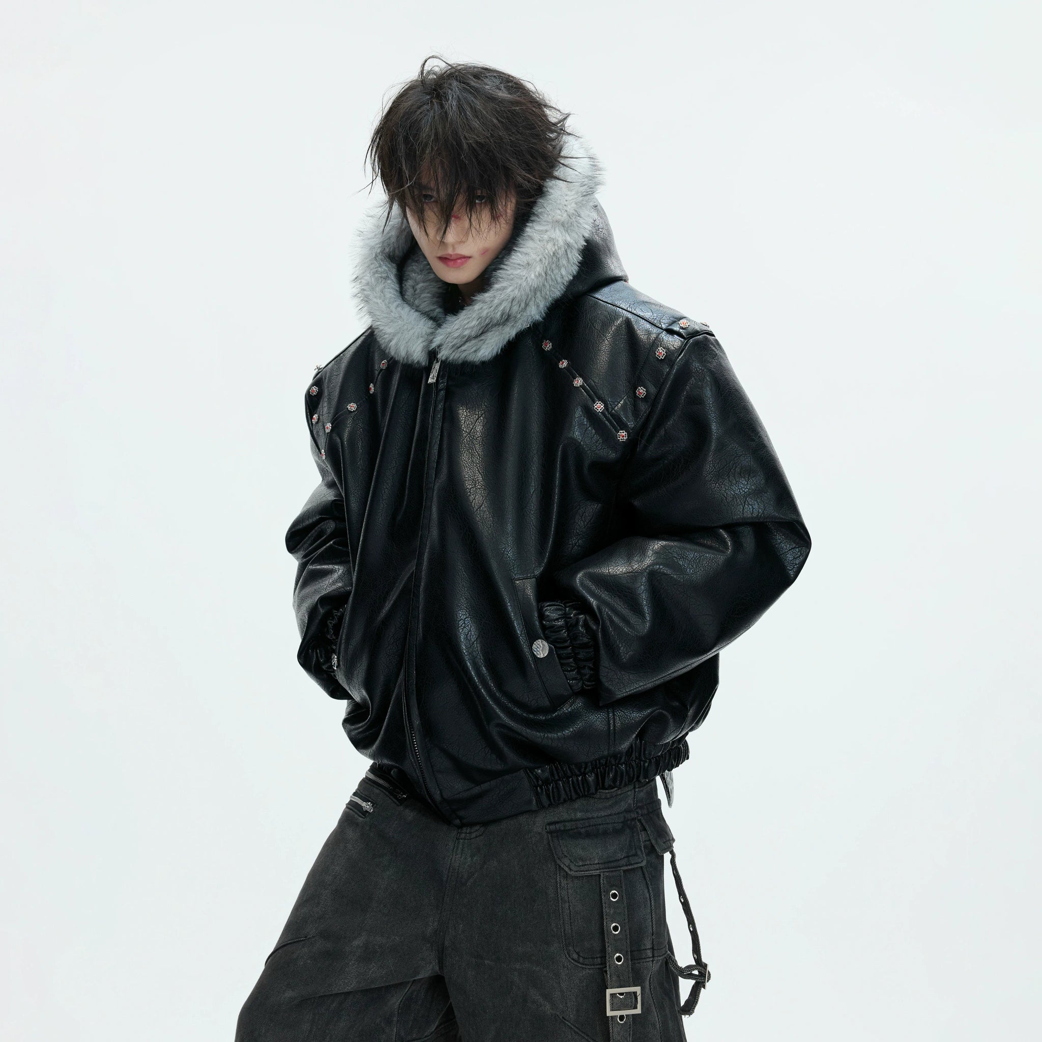 Relaxed Black Faux Leather Hooded Jacket - main image 1