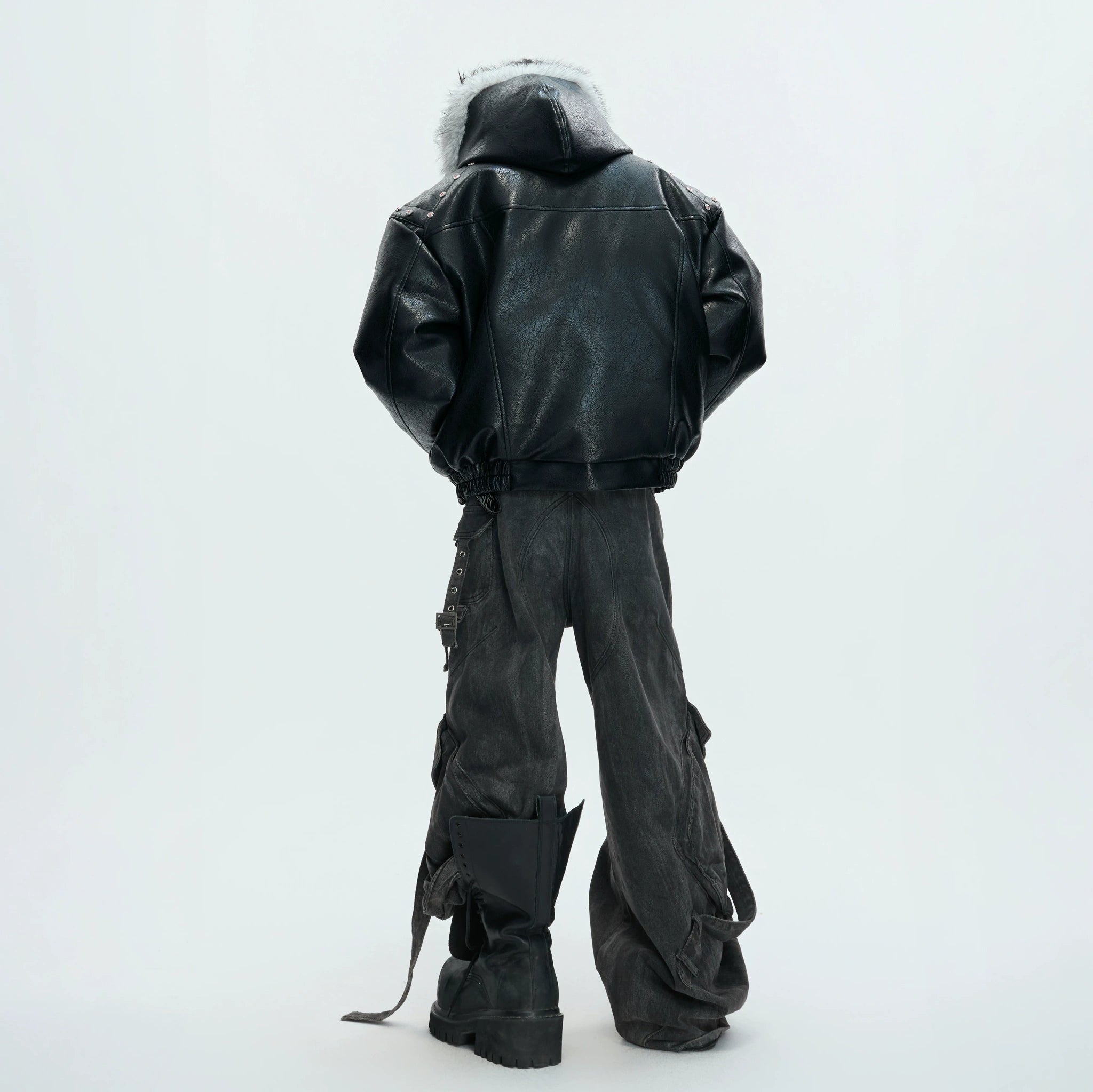 Relaxed Black Faux Leather Hooded Jacket - main image 4