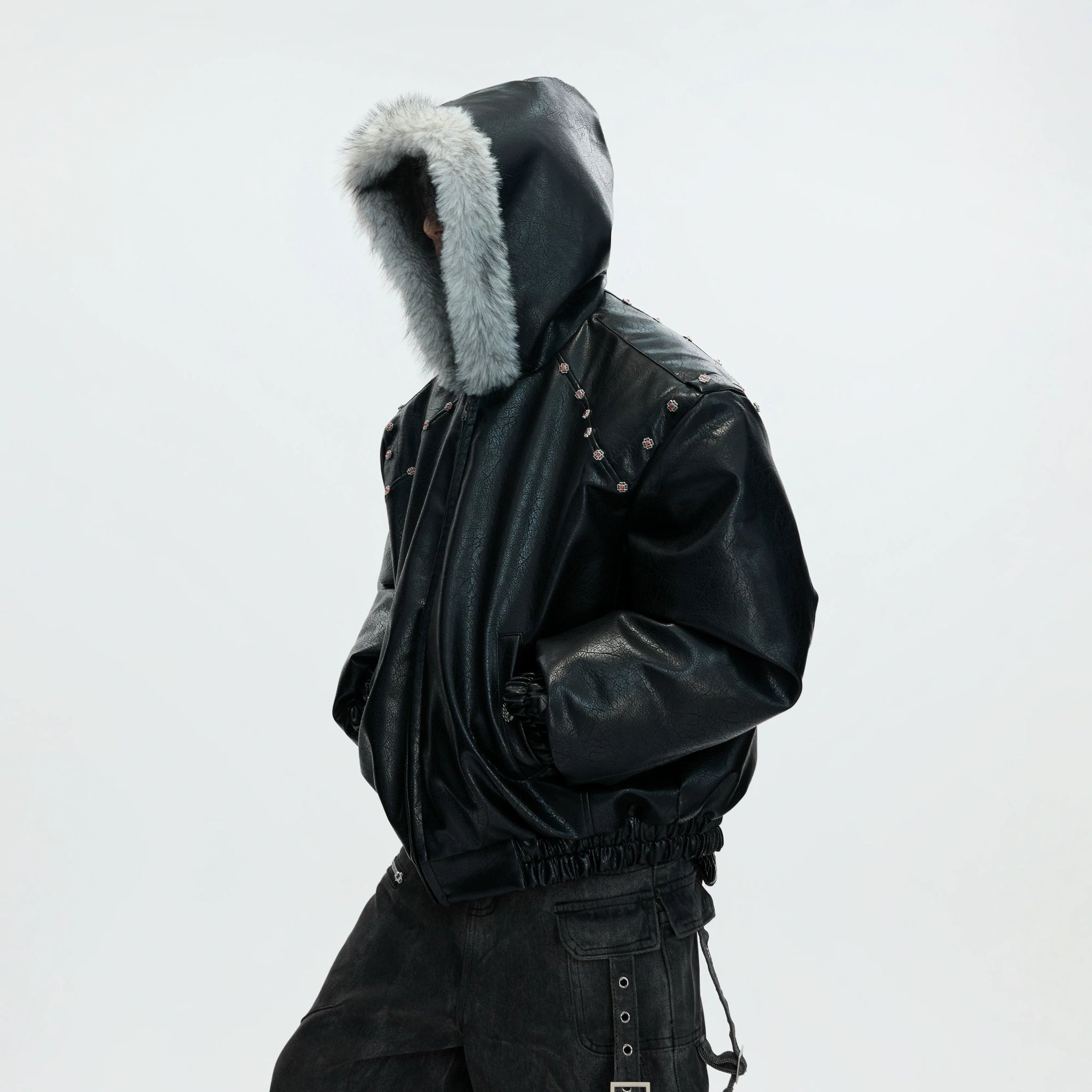 Relaxed Black Faux Leather Hooded Jacket - main image 5