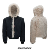 Relaxed Hooded Padded Jacket in Faux Leather-Cotton Blend - Navy Top