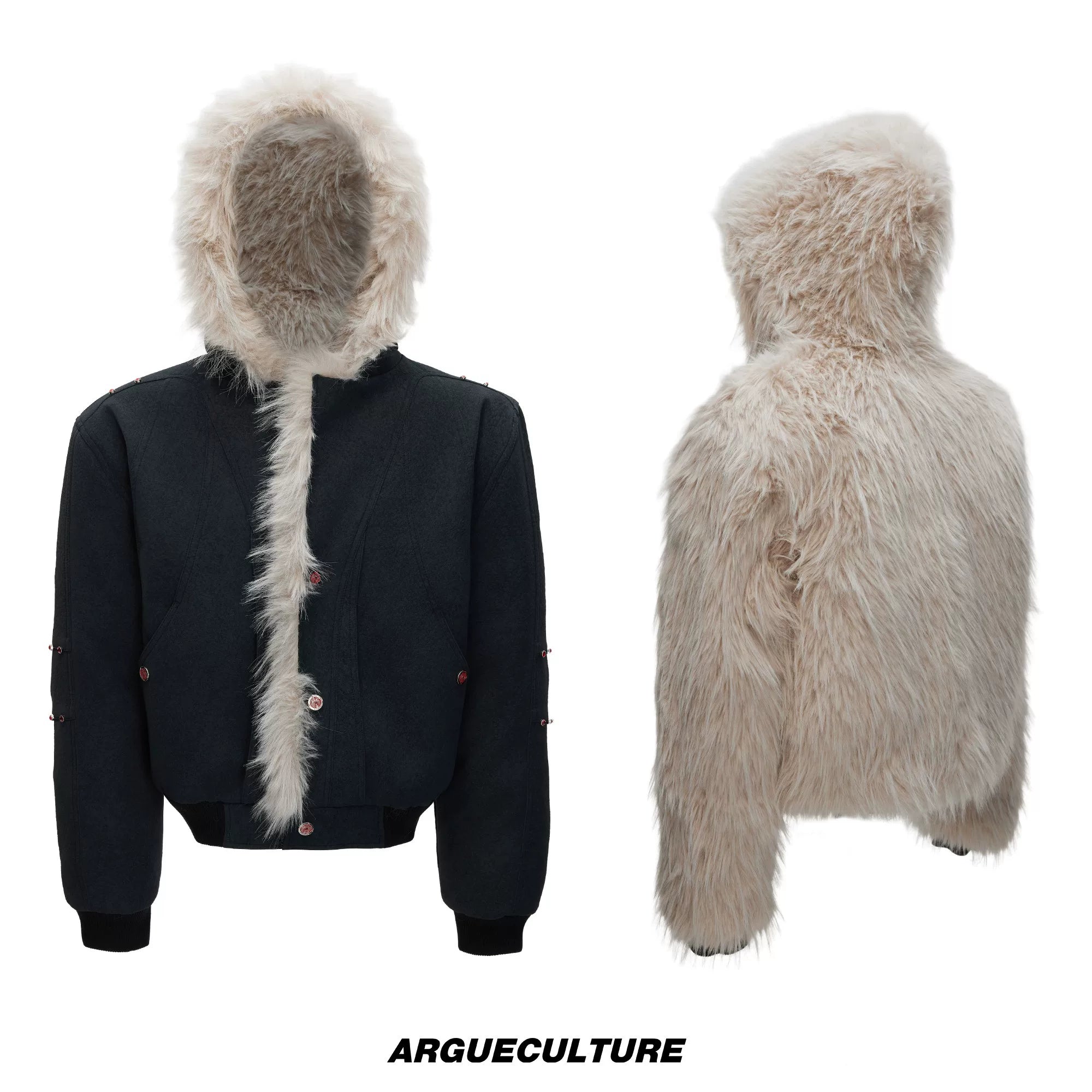 Relaxed Hooded Padded Jacket in Faux Leather-Cotton Blend - Navy Top