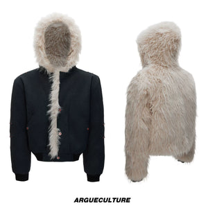 Relaxed Hooded Padded Jacket in Faux Leather-Cotton Blend - Navy Top