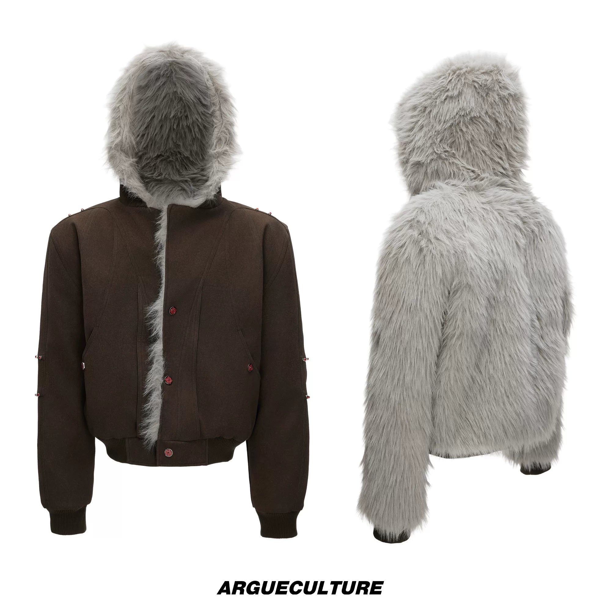 Relaxed Hooded Padded Jacket in Faux Leather-Cotton Blend - Brown Top