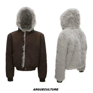 Relaxed Hooded Padded Jacket in Faux Leather-Cotton Blend - Brown Top