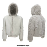 Relaxed Hooded Padded Jacket in Faux Leather-Cotton Blend - White Top