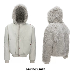 Relaxed Hooded Padded Jacket in Faux Leather-Cotton Blend - White Top