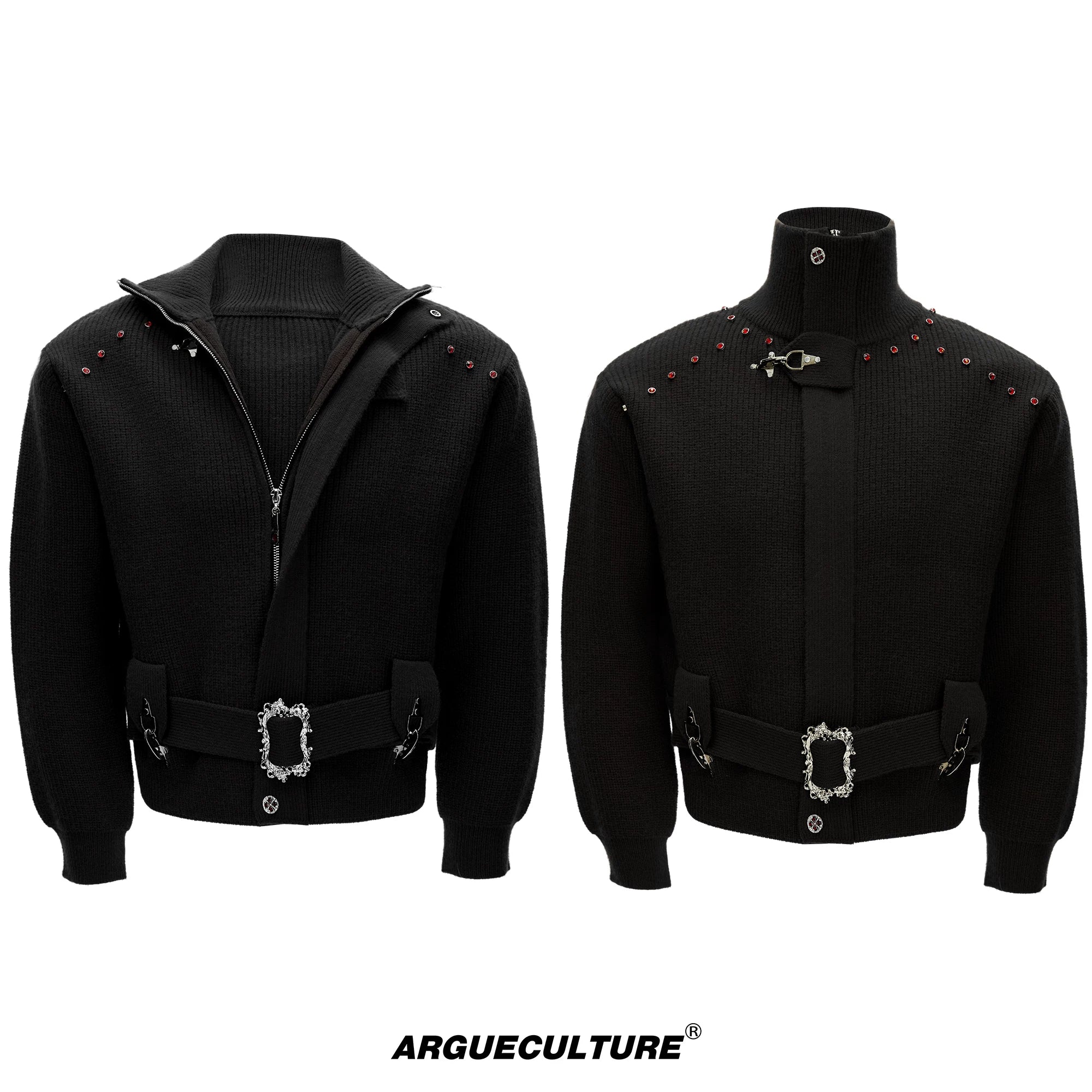 Cinch-Waist Wool Blend Jacket with Stand Collar - Black Top