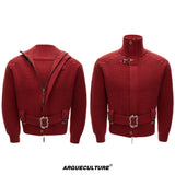 Cinch-Waist Wool Blend Jacket with Stand Collar - Red Top