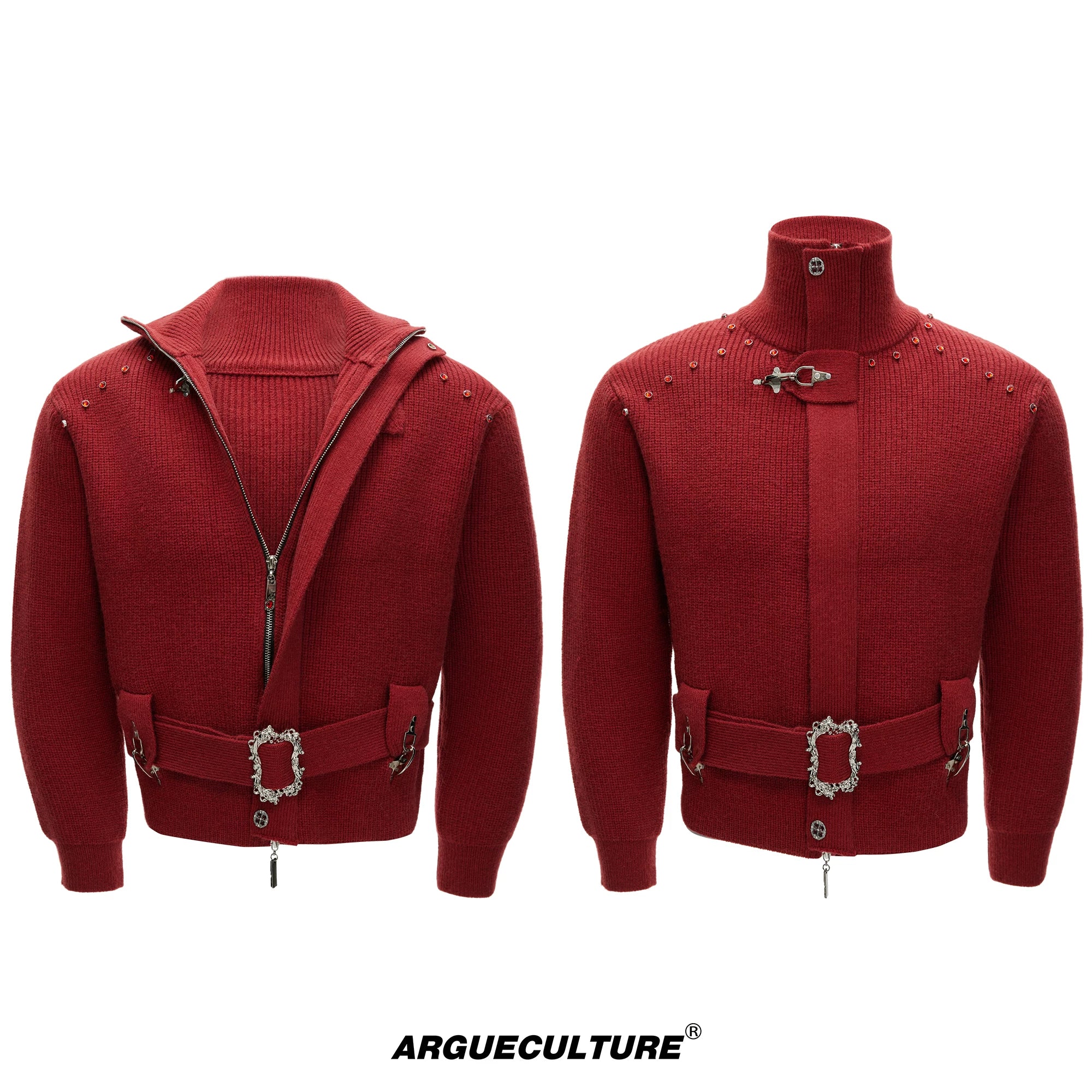 Cinch-Waist Wool Blend Jacket with Stand Collar - Red Top