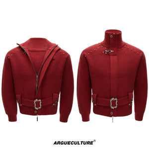 Cinch-Waist Wool Blend Jacket with Stand Collar - Red Top