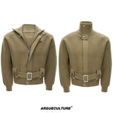 Cinch-Waist Wool Blend Jacket with Stand Collar - Khaki Top