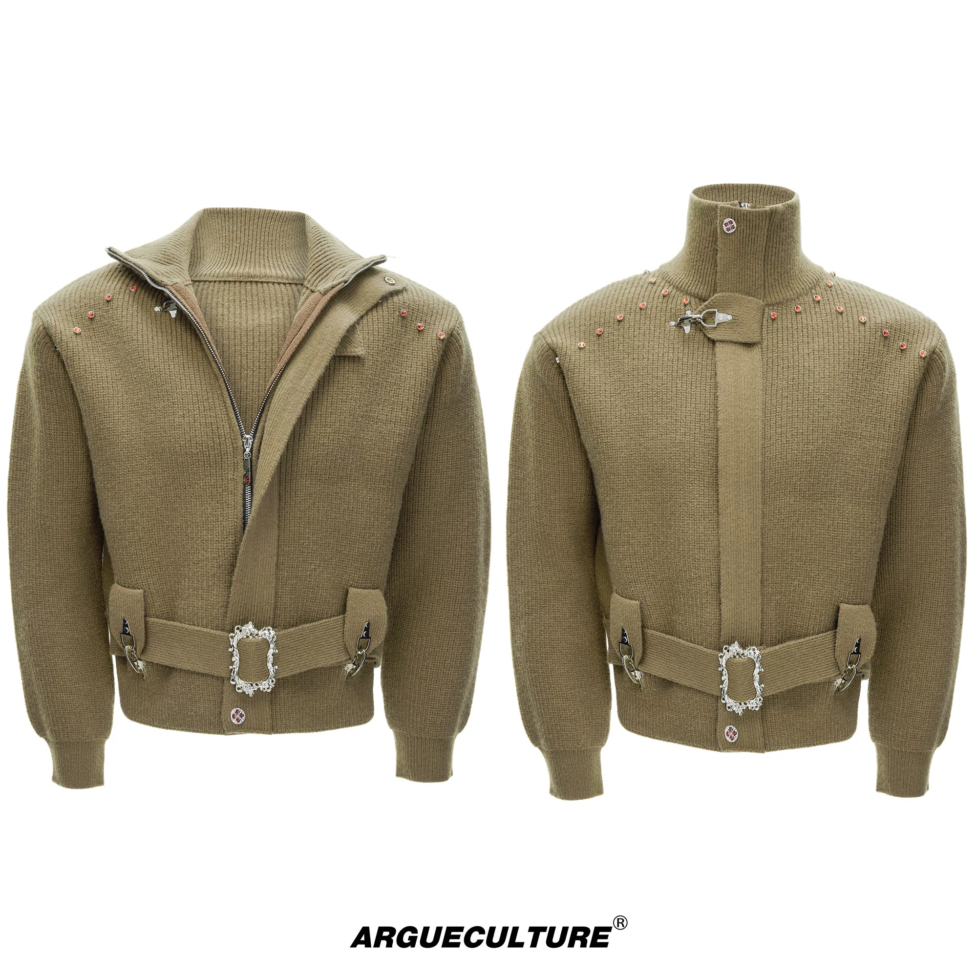 Cinch-Waist Wool Blend Jacket with Stand Collar - Khaki Top