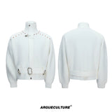 Cinch-Waist Wool Blend Jacket with Stand Collar - White Top
