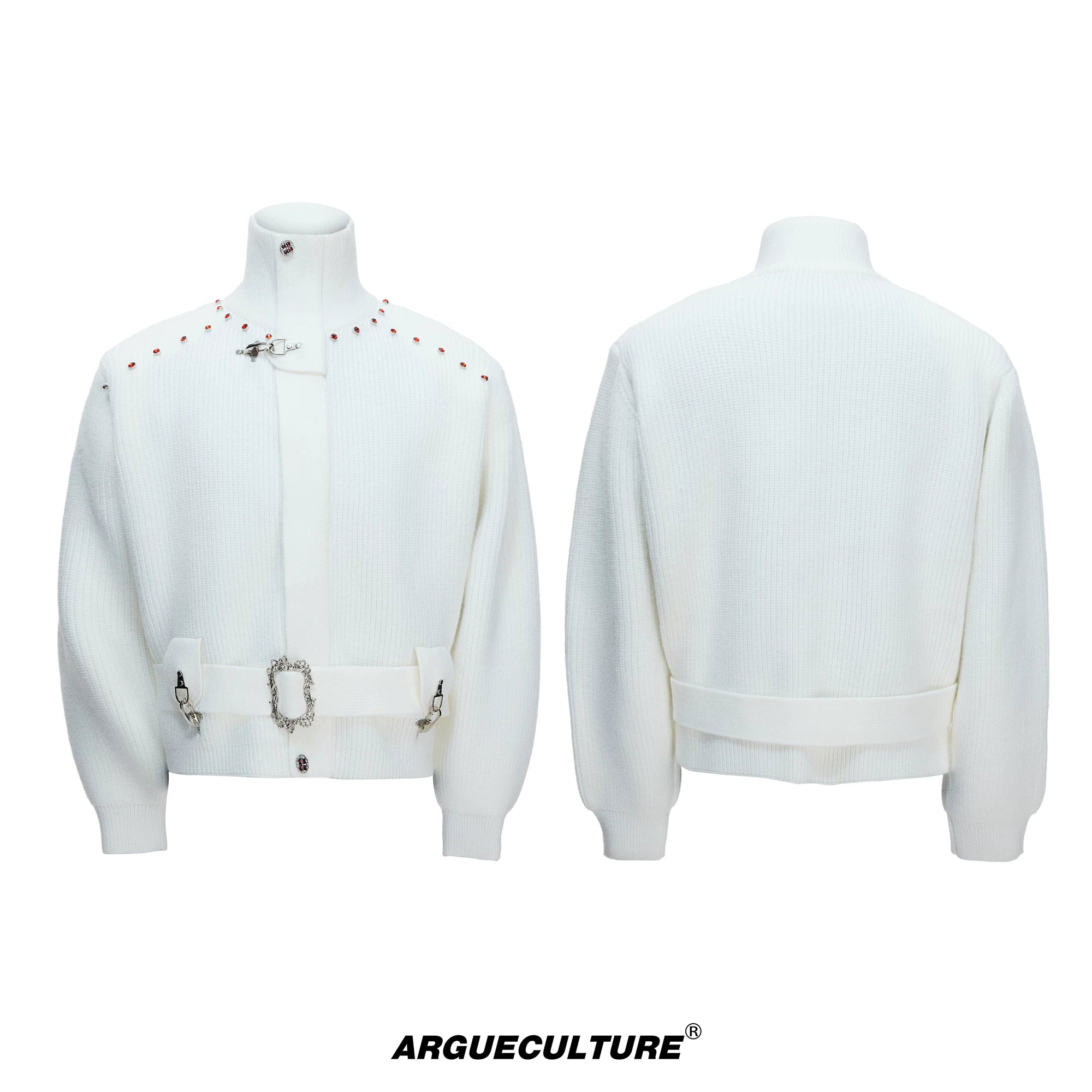 Cinch-Waist Wool Blend Jacket with Stand Collar - White Top