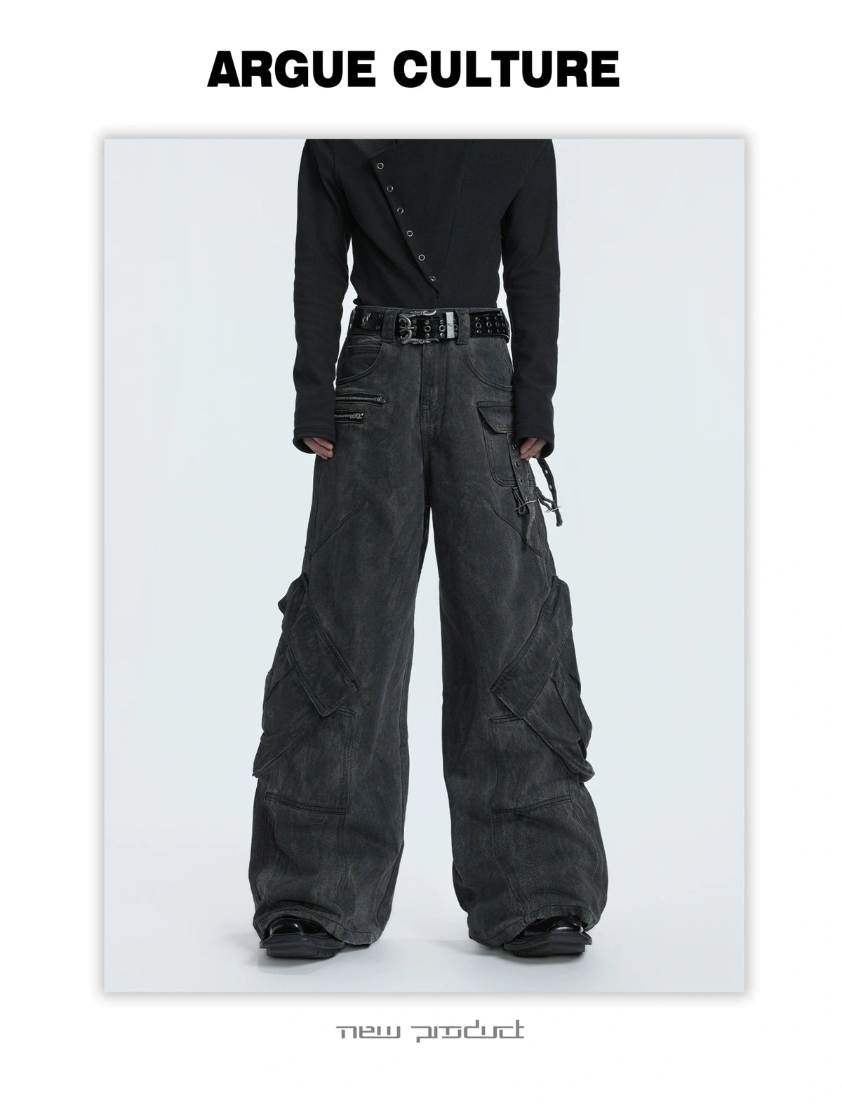 Washed Gray Utility Jeans with Relaxed Straight Fit - description image 1
